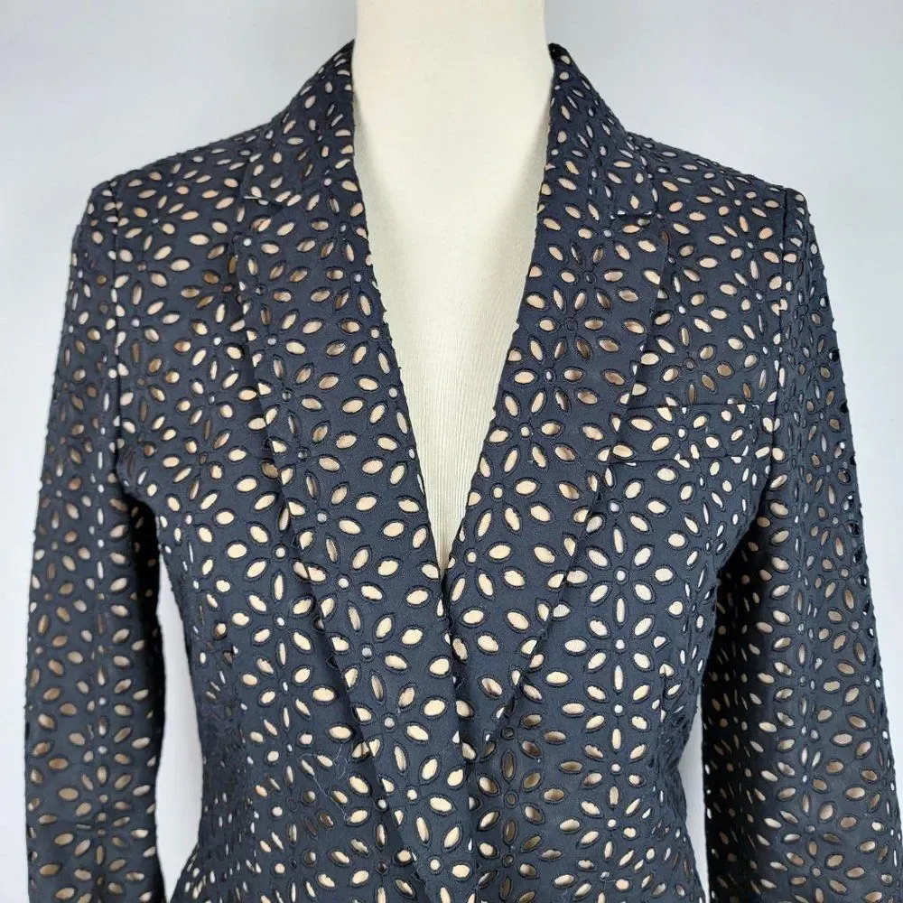 Michael Kors Made In Italy Black Caramel Cotton Silk Embroidered Cutout Blazer 6